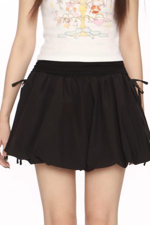 High Waist College Style Floral Puff Skirt - Women's A-Line Slim Fit Drawstring Short Skirt, 90s Inspired Ballet Style