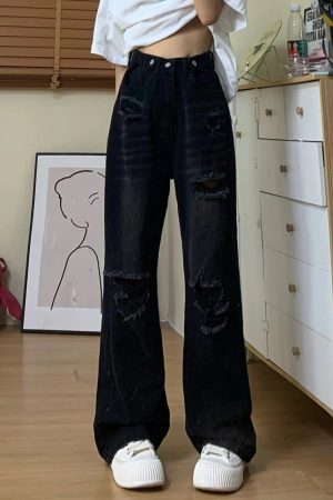 High Waist Ripped Jeans for Women - Trendy Summer Straight Leg Pants, Floor-Length Washed Style, INS Fashion, Casual Chic Look