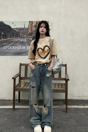 High Waist Ripped Jeans for Women - Trendy Summer Straight Leg Pants, Floor-Length Washed Style, INS Fashion, Casual Chic Look