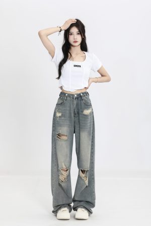 High Waist Ripped Jeans for Women - Trendy Summer Straight Leg Pants, Floor-Length Washed Style, INS Fashion, Casual Chic Look