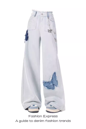 High-Waisted Black Frayed Butterfly Patchwork Flared Jeans for Women - Vintage Autumn Winter Slim-Fit Floor-Length Pants