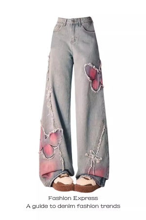 High-Waisted Black Frayed Butterfly Patchwork Flared Jeans for Women - Vintage Autumn Winter Slim-Fit Floor-Length Pants