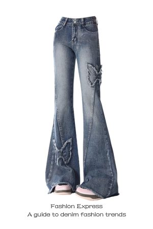 High-Waisted Black Frayed Butterfly Patchwork Flared Jeans for Women - Vintage Autumn Winter Slim-Fit Floor-Length Pants