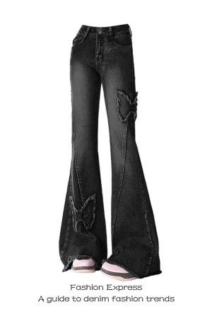 High-Waisted Black Frayed Butterfly Patchwork Flared Jeans for Women - Vintage Autumn Winter Slim-Fit Floor-Length Pants