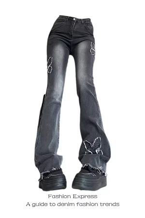 High-Waisted Black Frayed Butterfly Patchwork Flared Jeans for Women - Vintage Autumn Winter Slim-Fit Floor-Length Pants