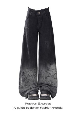 High-Waisted Black Gradient Graffiti Jeans for Women - Trendy Wide-Leg Floor-Length Pants for Autumn/Winter 2025, American Style