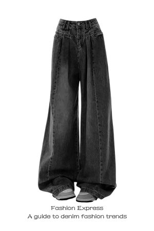 High-Waisted Black Gray Pleated Wide-Leg Jeans for Women - Loose Straight-Leg Floor-Length Pants for Autumn Winter 2025