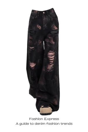 High-Waisted Black Ripped Vintage Tie-Dye Jeans for Women - Loose Straight-Leg Design, Floor-Length for Spring and Summer Style