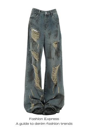 High-Waisted Black Ripped Vintage Tie-Dye Jeans for Women - Loose Straight-Leg Design, Floor-Length for Spring and Summer Style