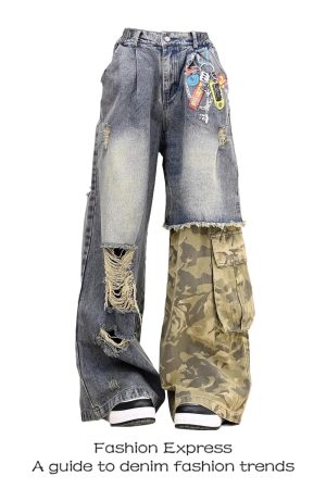 High-Waisted Camouflage Jeans for Women - 2025 Spring Autumn Street Style, Distressed Patchwork Loose Straight Wide-Leg Pants