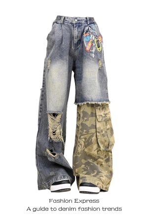 High-Waisted Camouflage Jeans for Women - 2025 Spring Autumn Street Style, Distressed Patchwork Loose Straight Wide-Leg Pants