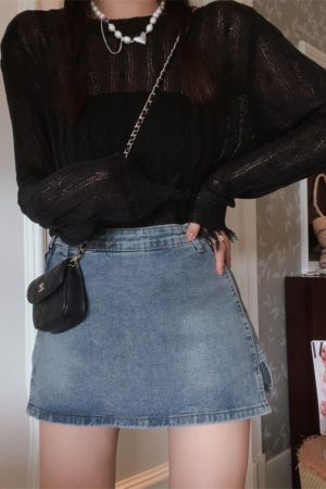 High-Waisted Denim Skirt with Safety Shorts - Versatile American Vintage Style for Spring/Summer 2024, Leg-Lengthening Fit