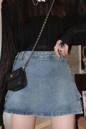 High-Waisted Denim Skirt with Safety Shorts - Versatile American Vintage Style for Spring/Summer 2024, Leg-Lengthening Fit