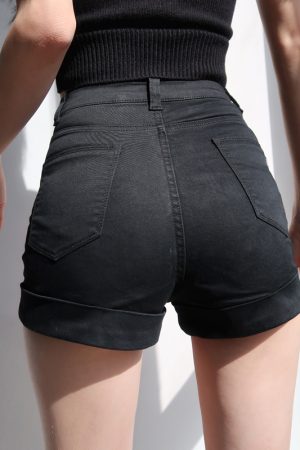 High-Waisted Distressed Denim Shorts - Vintage-Inspired Stretchy Slim-Fit with Rolled Hem - Classic American Style