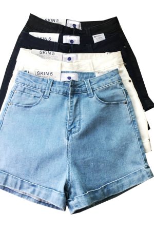 High-Waisted Distressed Denim Shorts - Vintage-Inspired Stretchy Slim-Fit with Rolled Hem - Classic American Style