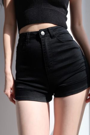 High-Waisted Distressed Denim Shorts - Vintage-Inspired Stretchy Slim-Fit with Rolled Hem - Classic American Style
