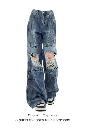 High-Waisted Distressed Ripped Jeans for Women - Vintage Post-Apocalyptic Style, Floor-Length, Autumn & Winter Fashion