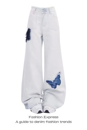 High-Waisted Flared Jeans for Women with Butterfly Embroidery | Vintage Style | 2025 Spring Autumn Fashion | Floor-Length