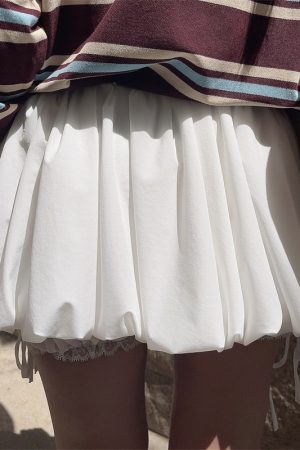 High-Waisted Lace Trim Tie White Bud Skirt with Safety Pants - DIY Spring/Summer Half Skirt, Short Skirt, 90s Inspired Fashion