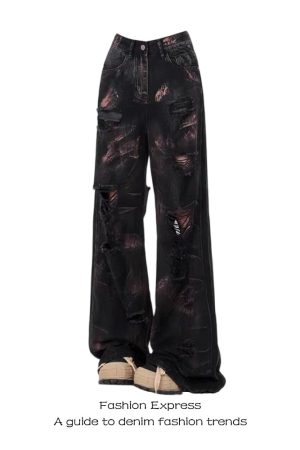 High-Waisted Loose Fit Ripped Jeans for Women - American Retro Wasteland Style Ink Splash Wide-Leg Floor-Length Pants
