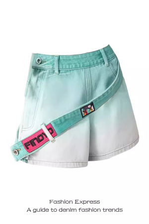 High-Waisted Pink Gradient Denim Shorts for Women - Side Zipper, Loose Wide-Leg Style for Autumn and Winter Fashion