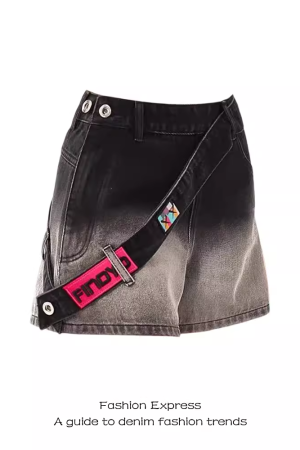 High-Waisted Pink Gradient Denim Shorts for Women - Side Zipper, Loose Wide-Leg Style for Autumn and Winter Fashion