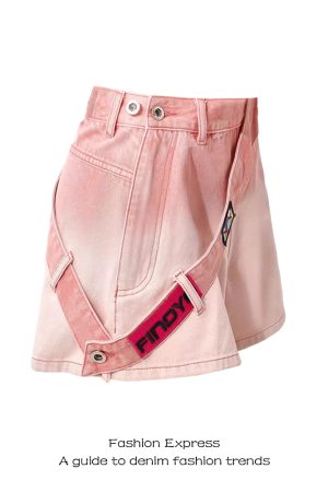 High-Waisted Pink Gradient Denim Shorts for Women - Side Zipper, Loose Wide-Leg Style for Autumn and Winter Fashion
