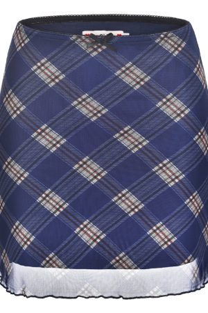 High-Waisted Plaid Mesh Bodycon Mini Skirt for Women - Vintage 90s Style Slimming Design