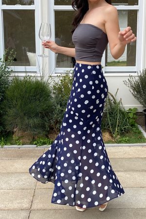 High-Waisted Polka Dot Irregular Vintage Long Skirt with Fish Tail Design - Slimming Asymmetrical Style
