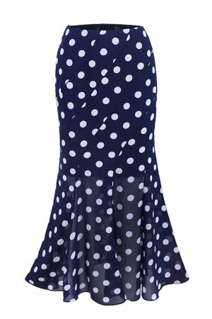 High-Waisted Polka Dot Irregular Vintage Long Skirt with Fish Tail Design - Slimming Asymmetrical Style