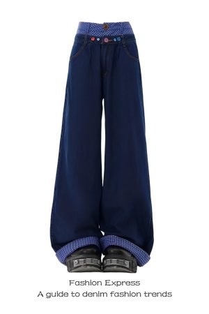 High-Waisted Retro Double-Waist Spliced Denim Pants for Women - Straight-Leg Wide-Leg Style for Autumn/Winter 2025