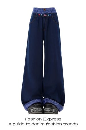 High-Waisted Retro Double-Waist Spliced Denim Pants for Women - Straight-Leg Wide-Leg Style for Autumn/Winter 2025