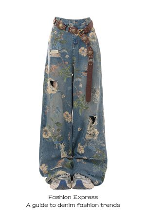 High-Waisted Ripped Jeans for Women - Floral Print, Loose Fit, Floor-Length, Autumn 2025 Trend, Y2K Style