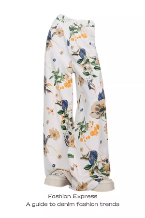 High-Waisted Ripped Jeans for Women - Floral Print, Loose Fit, Floor-Length, Autumn 2025 Trend, Y2K Style