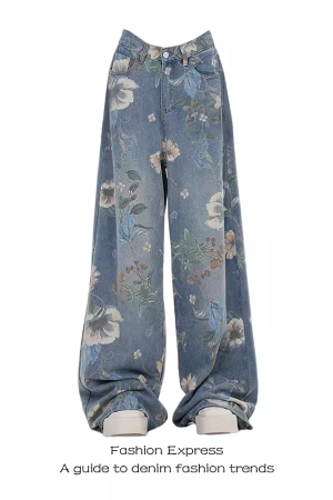 High-Waisted Ripped Jeans for Women - Floral Print, Loose Fit, Floor-Length, Autumn 2025 Trend, Y2K Style