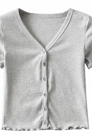 High-Waisted Slim Fit V-Neck Ruffled Edge Button-Up Short Sleeve T-Shirt Cardigan for Women â€“ American Style Fashion Essential