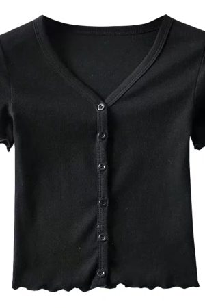 High-Waisted Slim Fit V-Neck Ruffled Edge Button-Up Short Sleeve T-Shirt Cardigan for Women â€“ American Style Fashion Essential