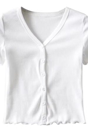 High-Waisted Slim Fit V-Neck Ruffled Edge Button-Up Short Sleeve T-Shirt Cardigan for Women â€“ American Style Fashion Essential