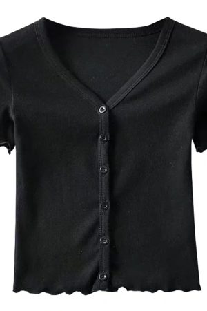 High-Waisted Slim Fit V-Neck Ruffled Edge Button-Up Short Sleeve T-Shirt Cardigan for Women â€“ American Style Fashion Essential