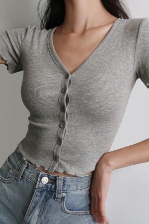 High-Waisted Slim Fit V-Neck Ruffled Edge Button-Up Short Sleeve T-Shirt Cardigan for Women â€“ American Style Fashion Essential