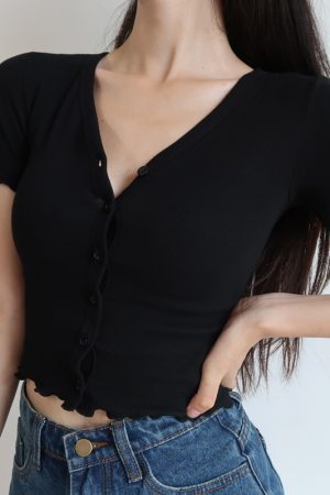 High-Waisted Slim Fit V-Neck Ruffled Edge Button-Up Short Sleeve T-Shirt Cardigan for Women â€“ American Style Fashion Essential