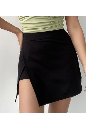 High-Waisted Solid Color Side-Slit Mini Skirt with Safety Shorts - Sexy European & American Style Fashion for Effortless Chic