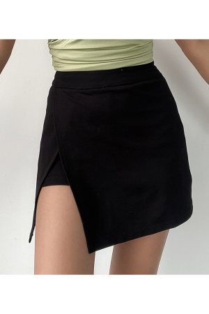 High-Waisted Solid Color Side-Slit Mini Skirt with Safety Shorts - Sexy European & American Style Fashion for Effortless Chic