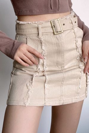 High-Waisted Vintage Frayed Denim Skirt with Pockets - Sexy A-Line Mini Skirt for Y2K and European Style Fashion