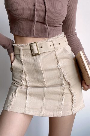 High-Waisted Vintage Frayed Denim Skirt with Pockets - Sexy A-Line Mini Skirt for Y2K and European Style Fashion