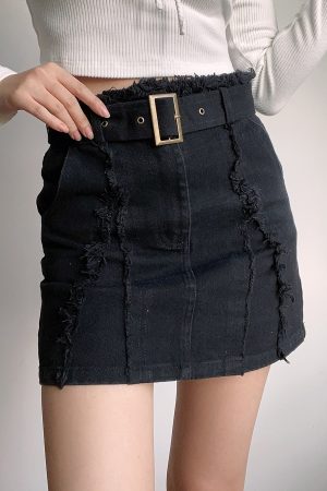 High-Waisted Vintage Frayed Denim Skirt with Pockets - Sexy A-Line Mini Skirt for Y2K and European Style Fashion