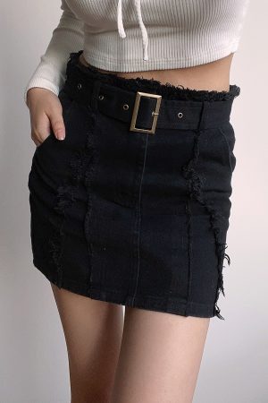 High-Waisted Vintage Frayed Denim Skirt with Pockets - Sexy A-Line Mini Skirt for Y2K and European Style Fashion