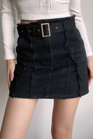 High-Waisted Vintage Frayed Denim Skirt with Pockets - Sexy A-Line Mini Skirt for Y2K and European Style Fashion