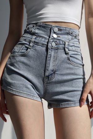 High-Waisted Vintage-Style Denim Pencil Shorts for Women - Slimming, Three-Button, Elastic Fitted Hot Pants, European American Fashion