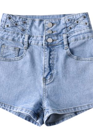 High-Waisted Vintage-Style Denim Pencil Shorts for Women - Slimming, Three-Button, Elastic Fitted Hot Pants, European American Fashion